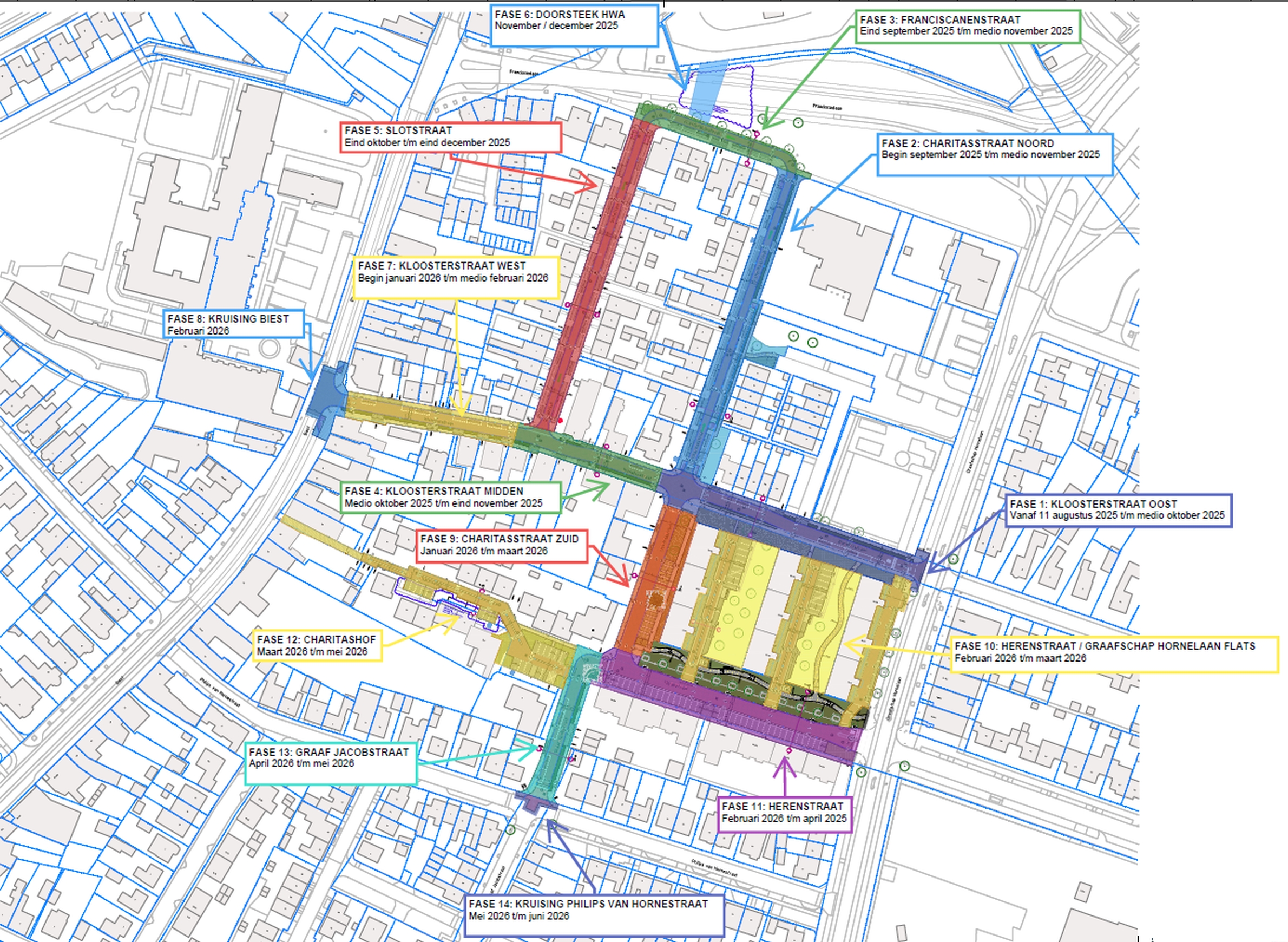 Overzichtskaart van de werkzaamheden en de planning.